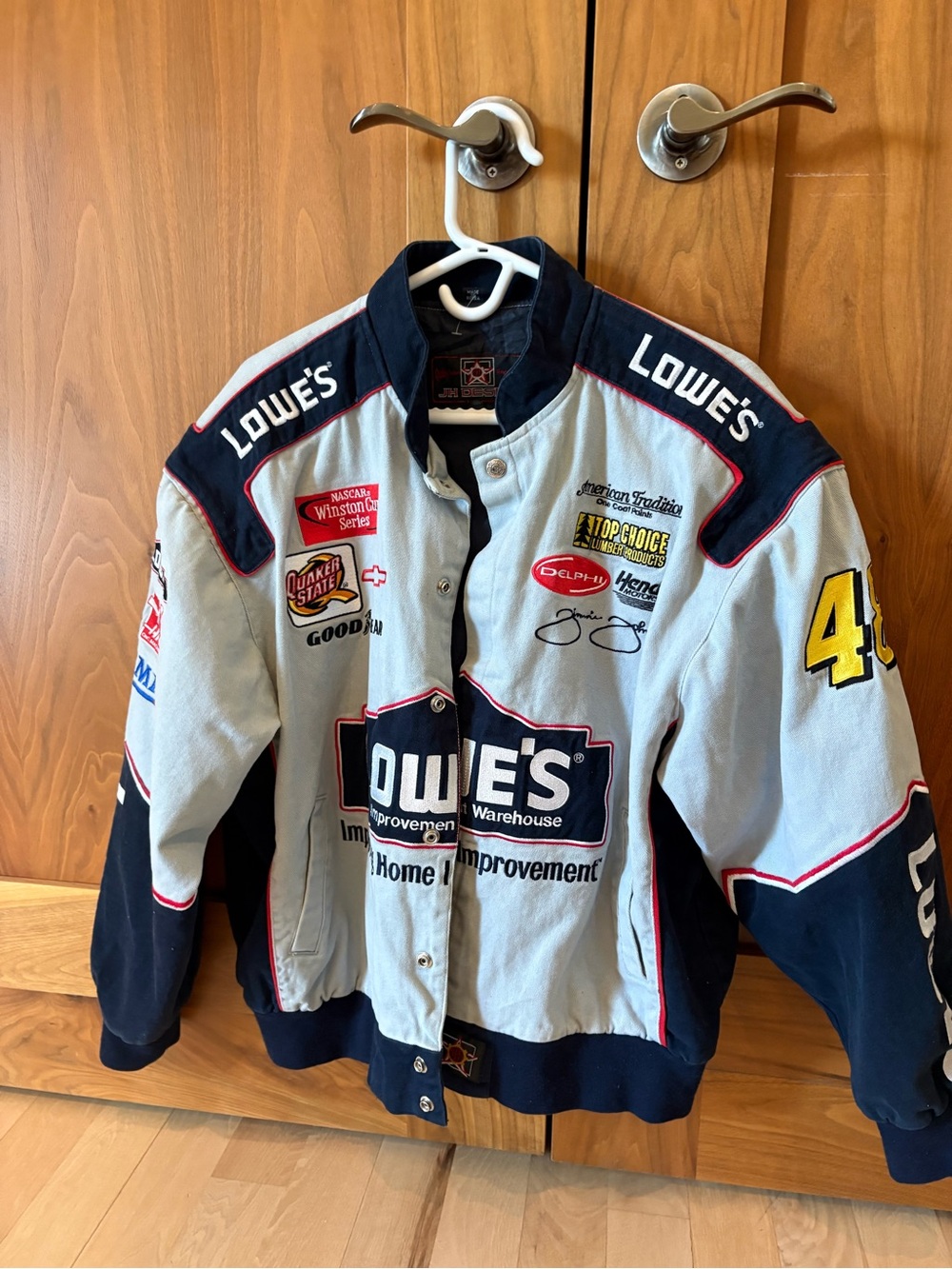 Lowe's Men's Racing Bomber Jacket in Light Gray and Navy